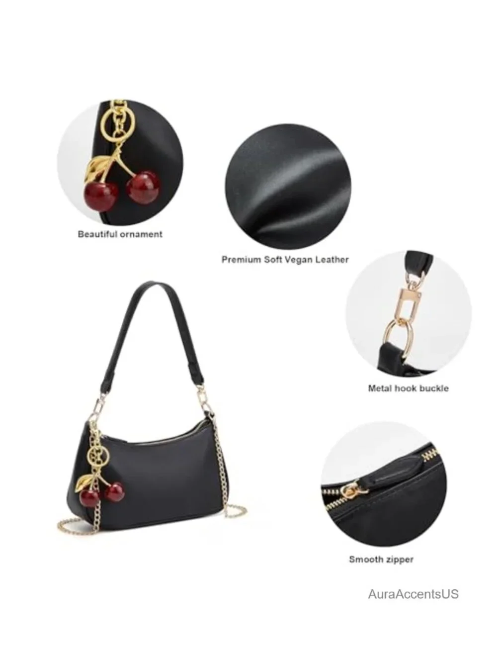 PU Leather Hobo Shoulder Bag with Removable Straps, Cherry Charm